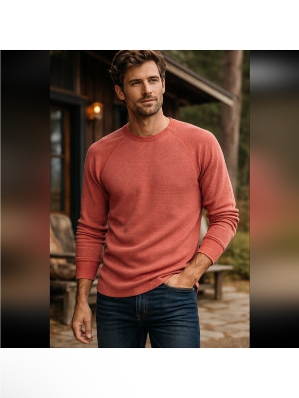 Taylor Stitch Waffle Knit Shirt Mens Size 38 Orange Heavy Bag Long Sleeve Raglan